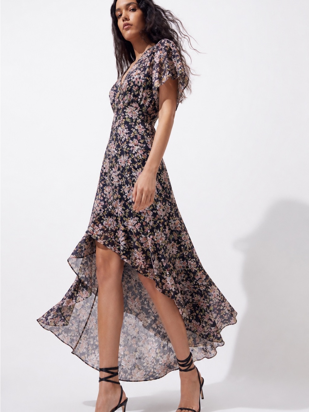 Altar’d State Floral High Low Dress Navy Pink Boho Midi Ruffle Hem Size L
